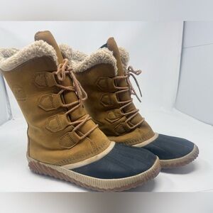 SOREL Womens Snow Boots Leather Rubber Waterproof Tan Black Size 9.5 NL3146-286
